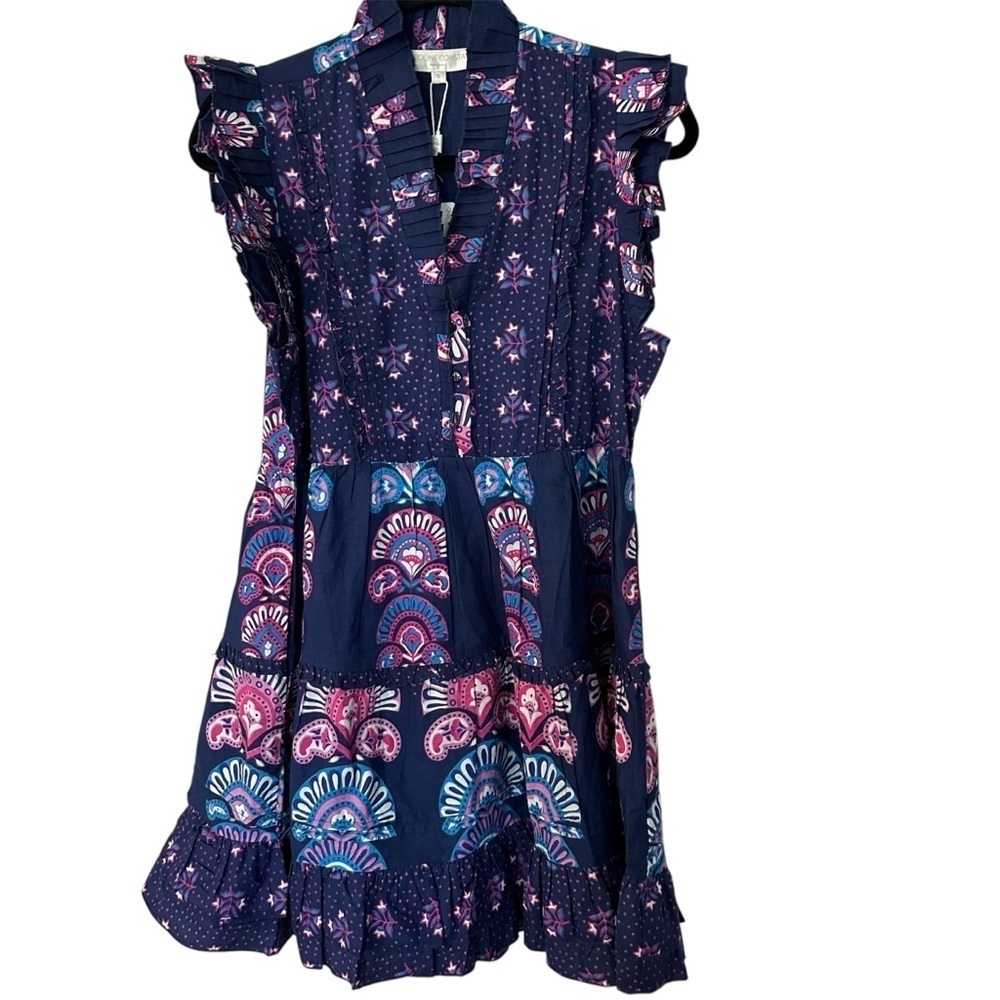 Caroline Constas Women’s Navy Blue Ruffle Sleeve Half Moon Print Dress Sz S NWT